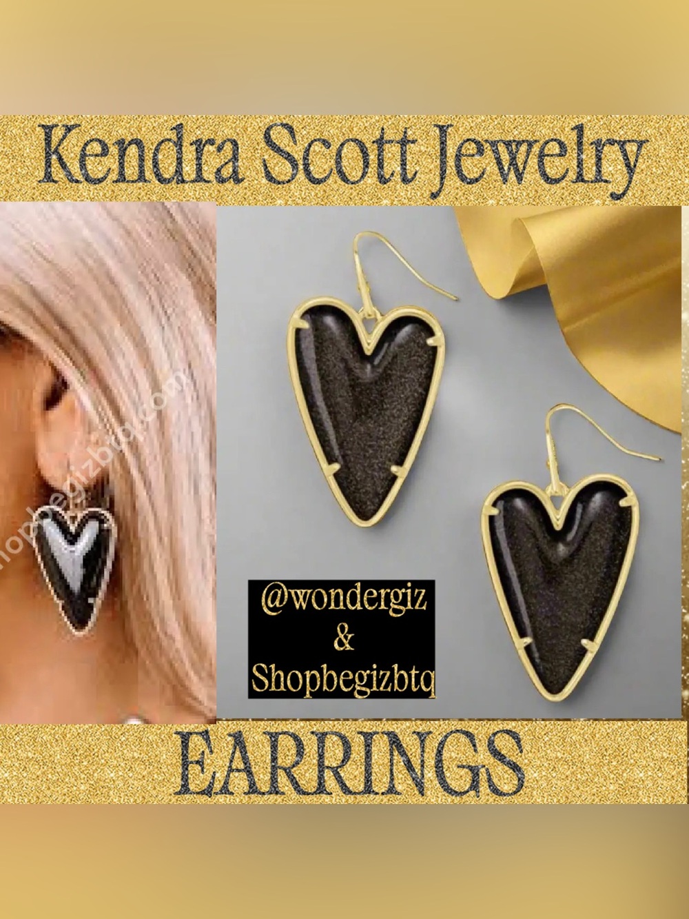 Kendra Scott Authentic Ansley Heart Gold Black Obsidian Long Pendant Earrings